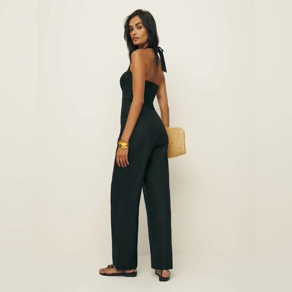 Reformation Malika Linen Jumpsuit in Black - Size 0